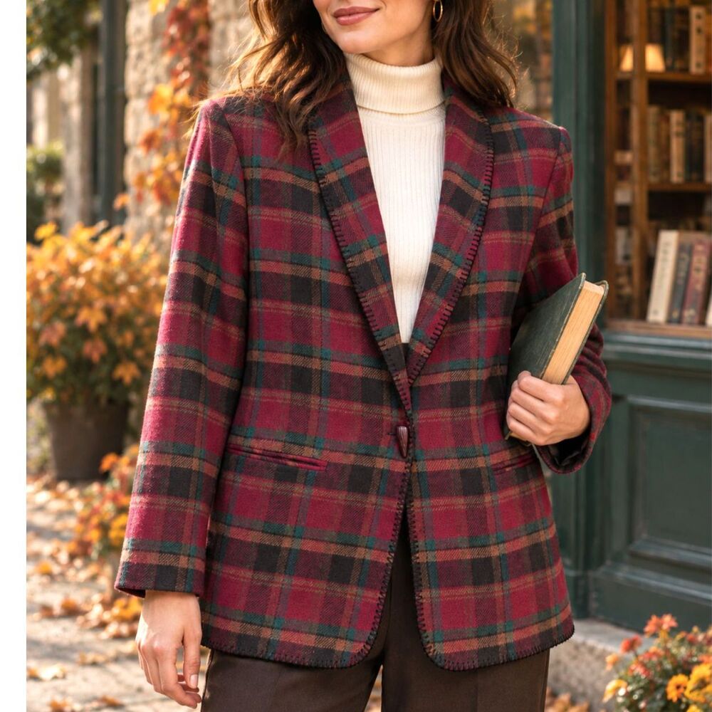 Vintage David Paul Burgundy Plaid Blazer M Cotton Blend Academia USA Heritage